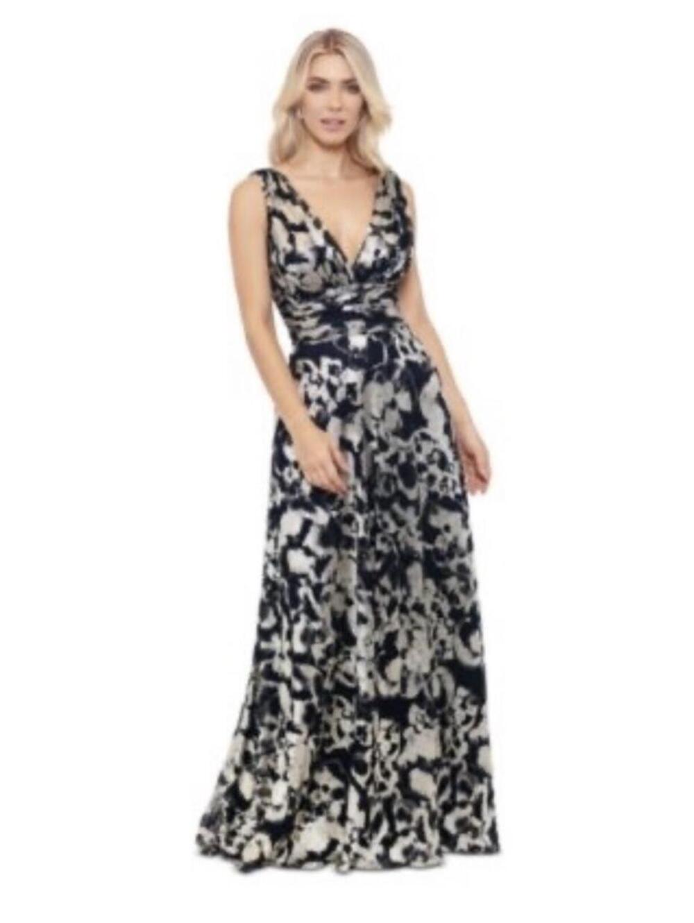 New Betsy & Adam Sleeveless Metallic Fit and Flare Gown In Navy/ Gold Sz 12 $309